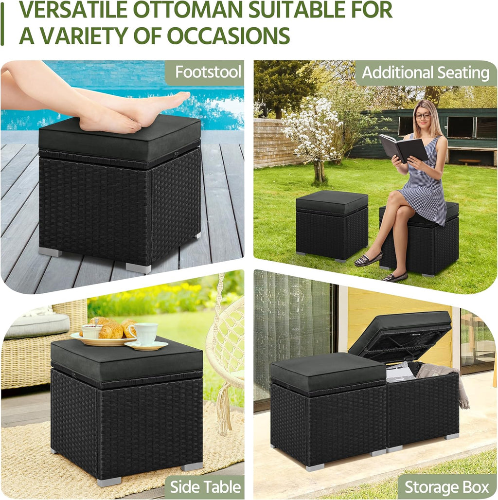 Yaheetech Wicker Ottomans, Set of 2 PE Rattan Side Tables, Black/Gray