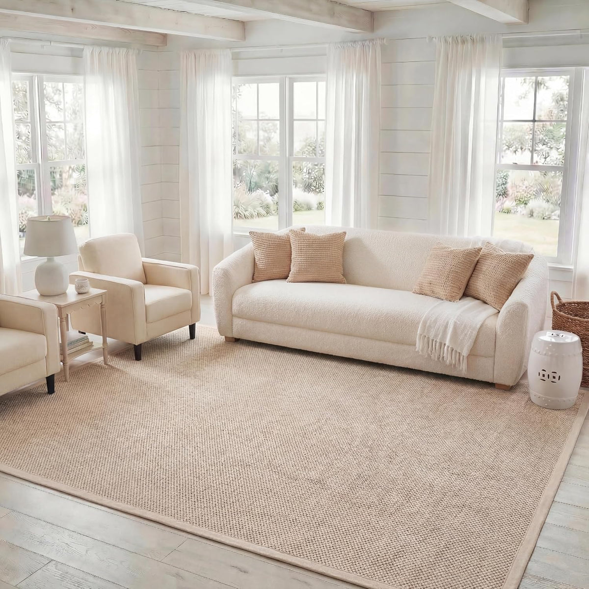SAFAVIEH Area Rug 6' Square - Natural Fiber Collection - Marble & Beige, Sisal, Woven Design with Border (NF143C)