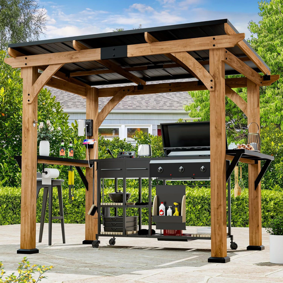 Modern Shade Wood Grill Gazebo 6x8 with USB Charging Power Strip & Shelves