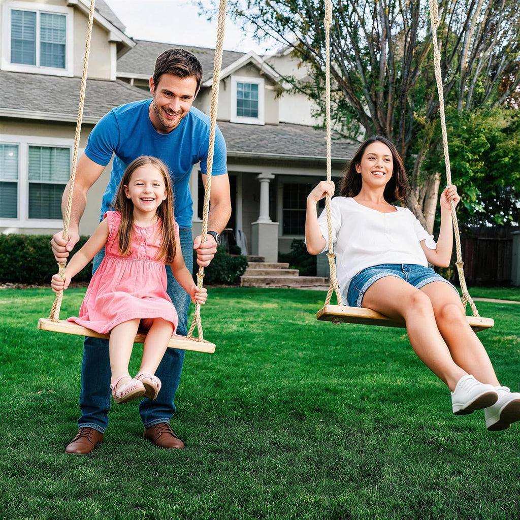 Hanging Wooden Tree Swing with Adjustable Hemp Rope & Extendor Tree Straps