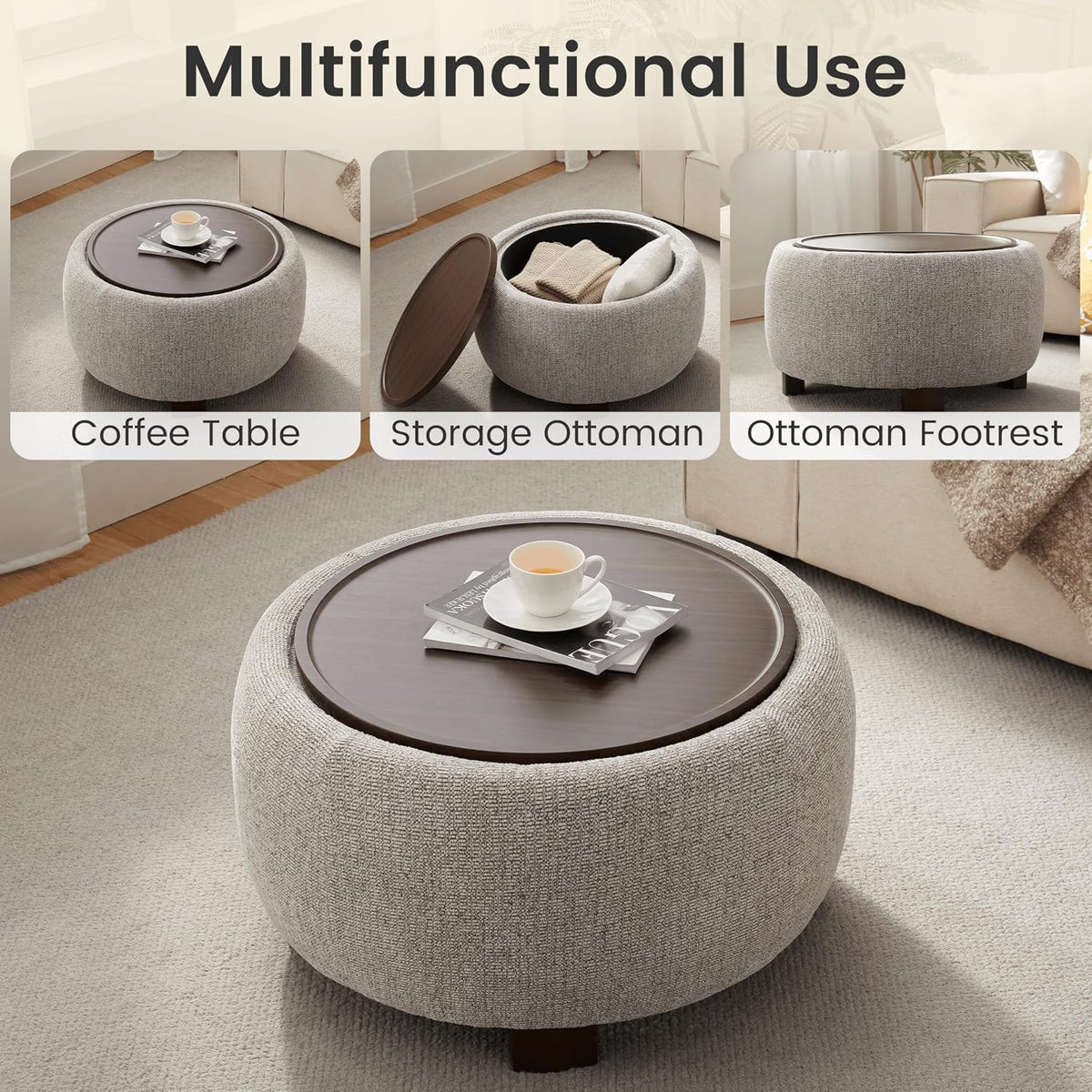 VKNOW 30 Inch Fabric Round Storage Ottoman with Wood Lift-Off Lid, Brown