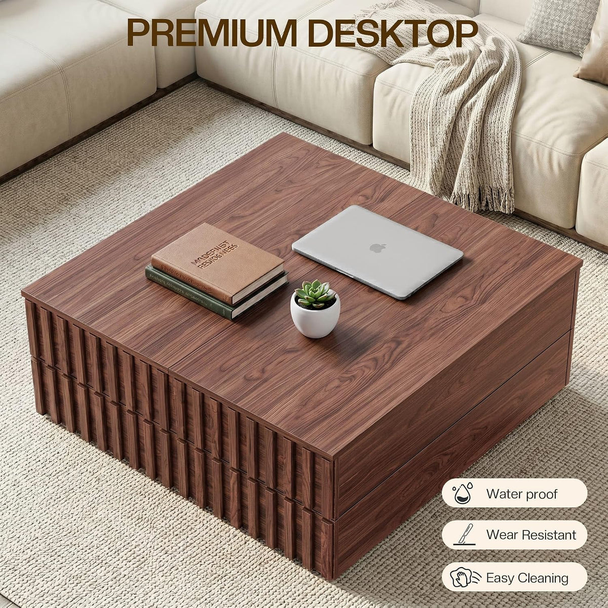 32-Inch Square Coffee Table with Storage, Sliding Top, Walnut