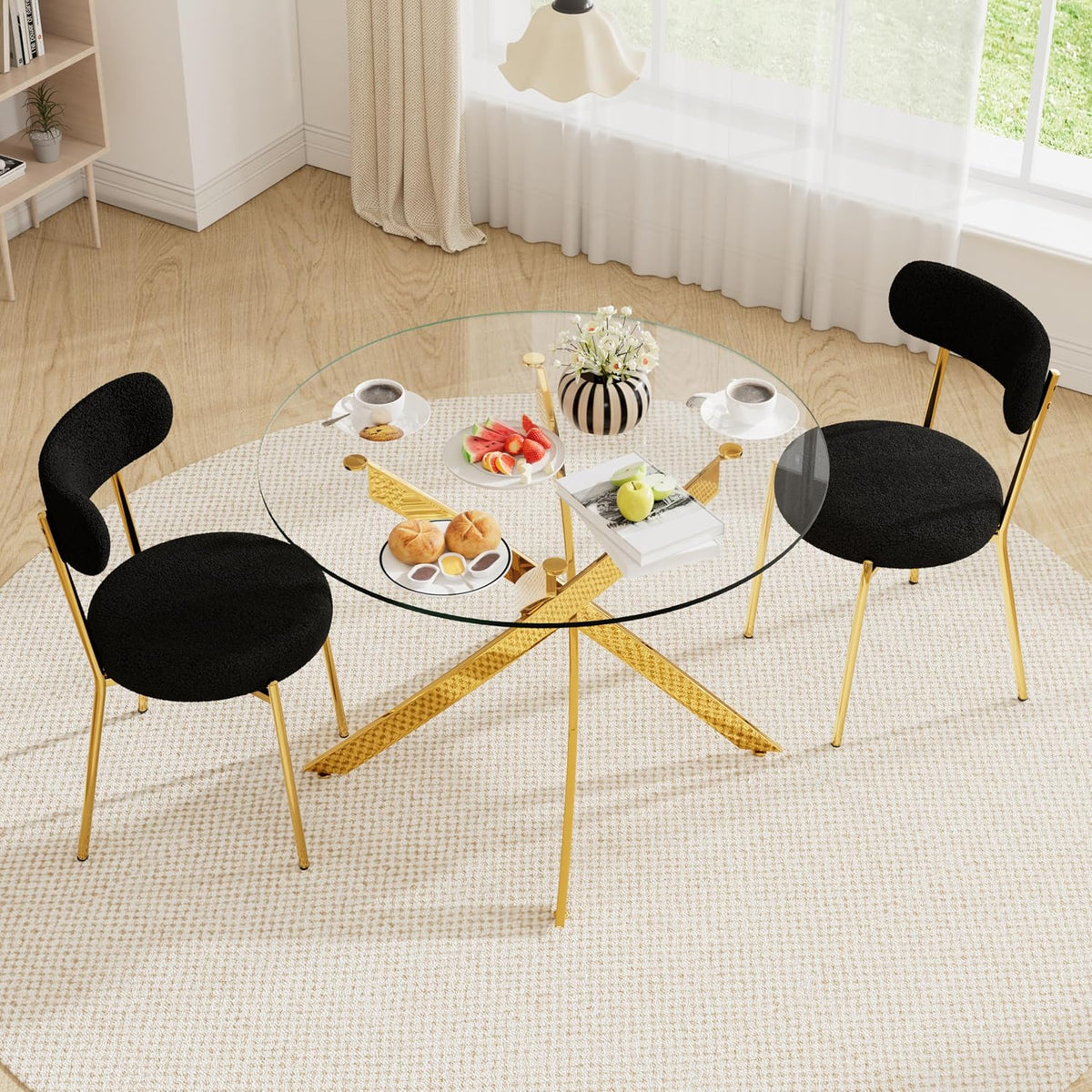 36" Round Dining Table Set for 2, Small Round Kitchen Table with 2 Boucle Dinner Chairs, Modern Circle 3 Piece Glass Dining Table with Metal Legs(Black&Gold)