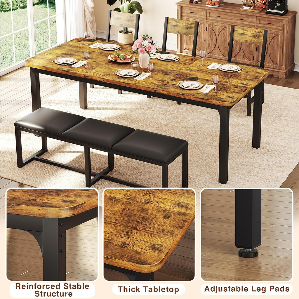 5-Piece Dining Table Set for 6, 63'' Long Kitchen Table Cushion Chairs Set with PU Bench and 3 Chairs, Rectangle Dining Table with Metal Frame & MDF Board, Space-saving for Small Apartment, Rustic