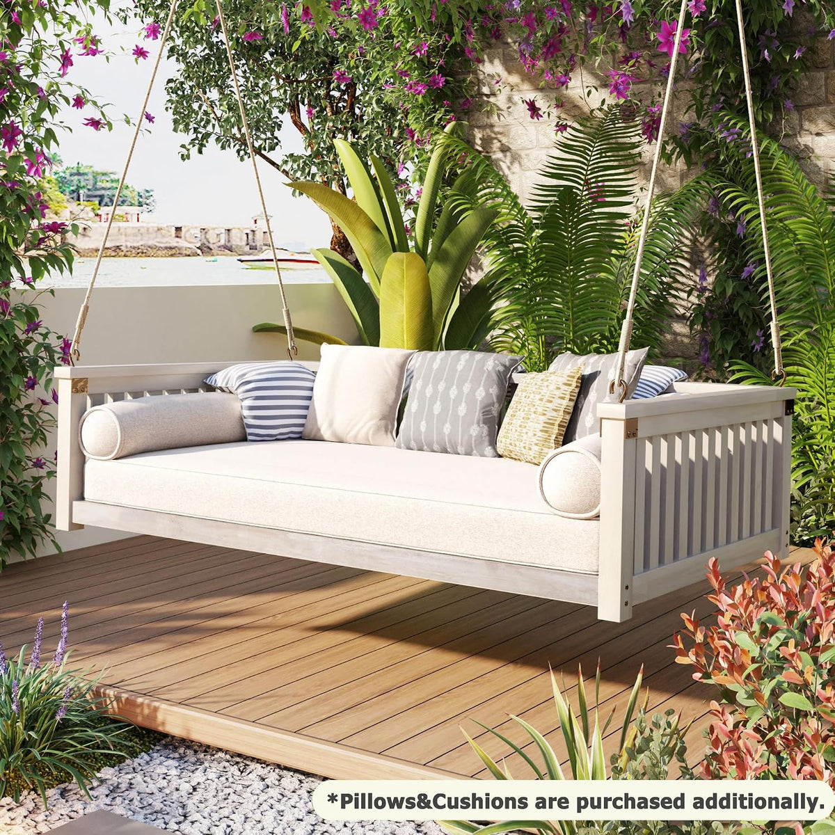 LUMISOL Outdoor Porch Swing Bed, Twin Size Acacia Wood Swing Bed Frame with Ropes, Swing Loveseat for Patio, Garden, Backyard, Safe Sloped Design, White
