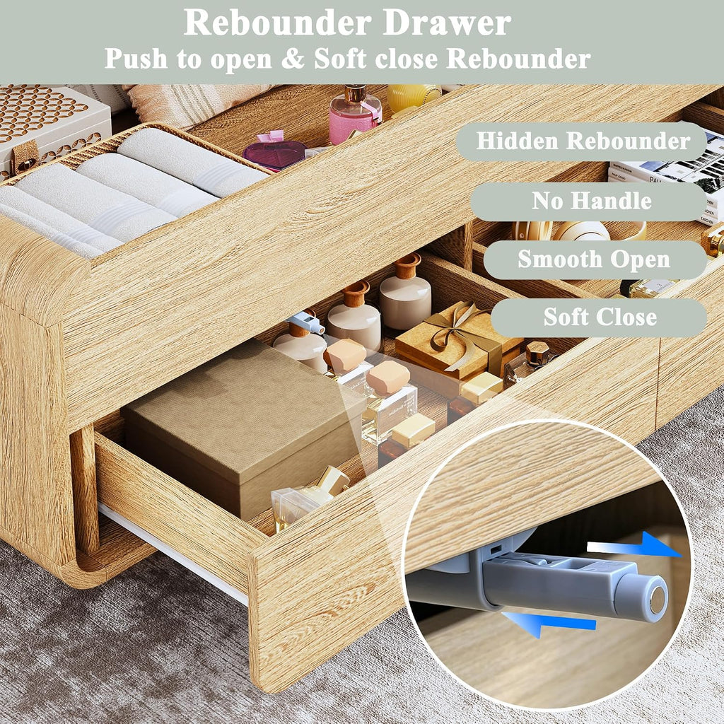 HUAHUU Lift Top Coffee Table with Storage, 2-Tier Center Table with 2 Drawers, Curved Profile Design, Wooden Rectangular Living Room Table, Modern Coffee Table for Living Room, Office, Natural Oak