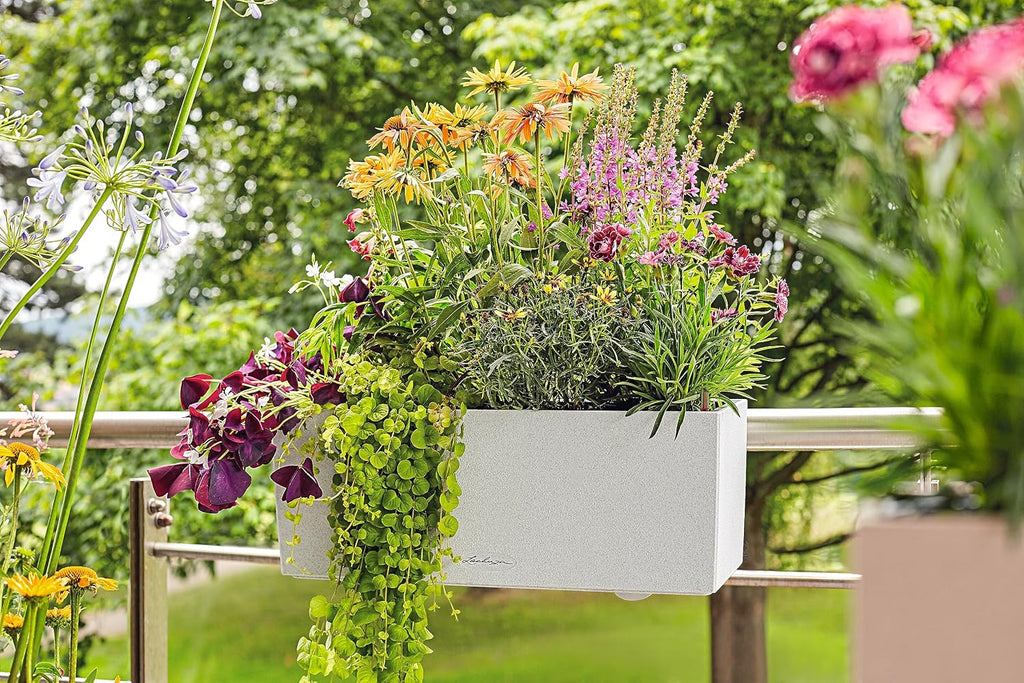 Lechuza BALCONERA Stone 50 Quartz White, Self-Watering Window Box (Railing Planter), H7.5 L19.7 W7.5 in