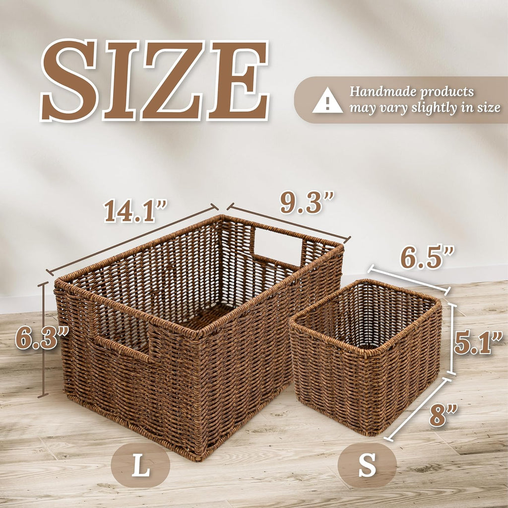 WeeNest Wicker Basket with Handle, Shelf Baskets for Organizing, Woven Organization Storage with Handles, Resin Wicker Set of 3, Toffee