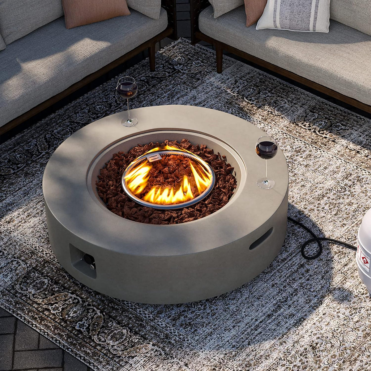 SUNBURY Outdoor 42" Fire Pit Table, 50000 BTU Gray Patio Fire Table, Concrete Round Gas Fire Table w Lava Rocks