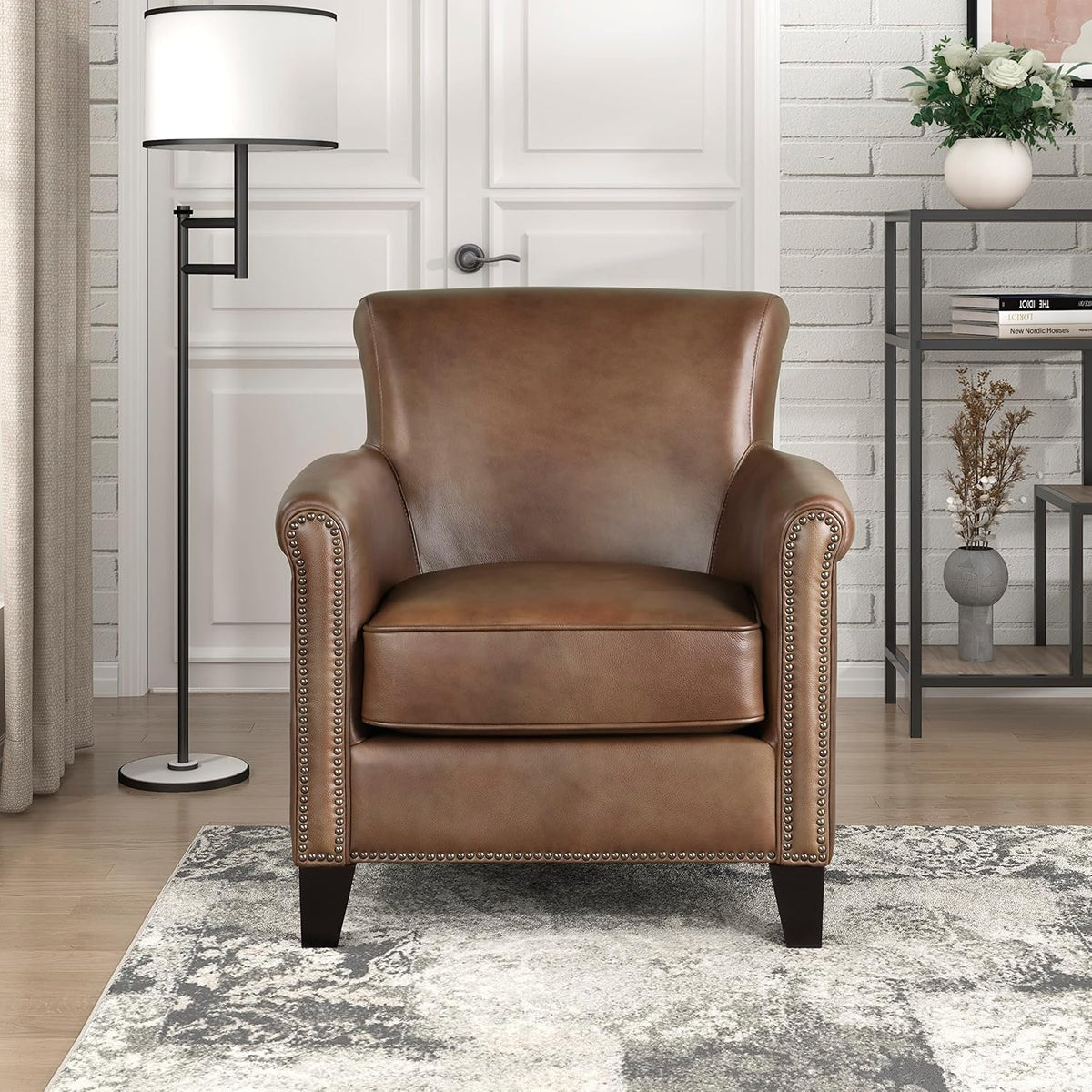 Lexicon Top Grain Genuine Leather Chair, Rolled Armrest, Classic Brown