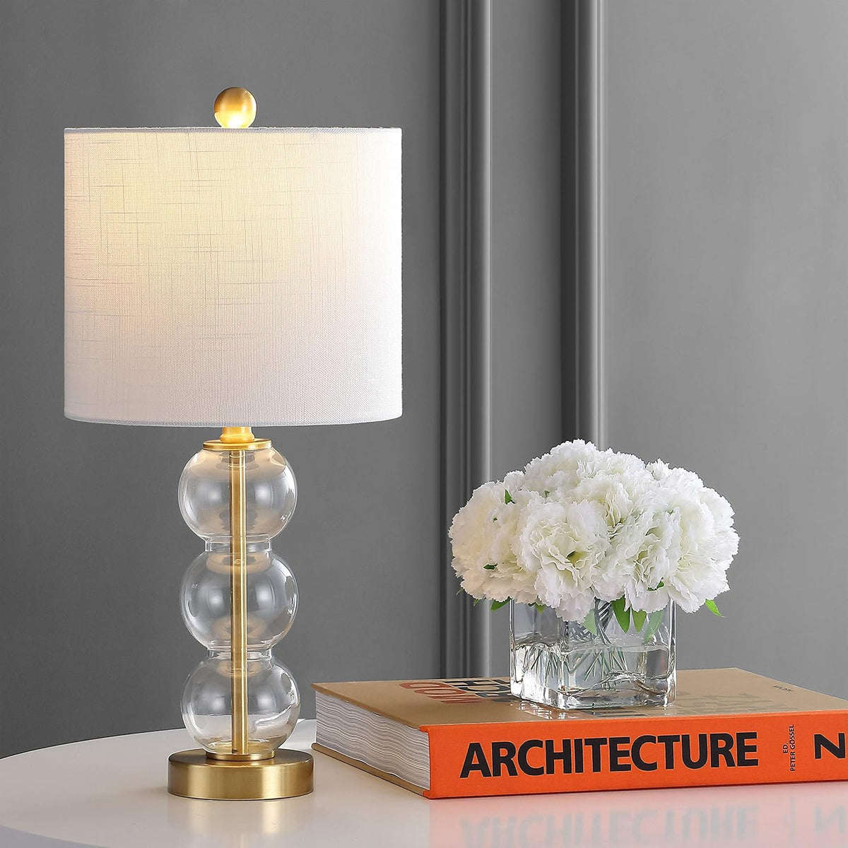 JONATHAN Y February 21" Stacked Sphere Table Lamp, Clear/Brass Gold