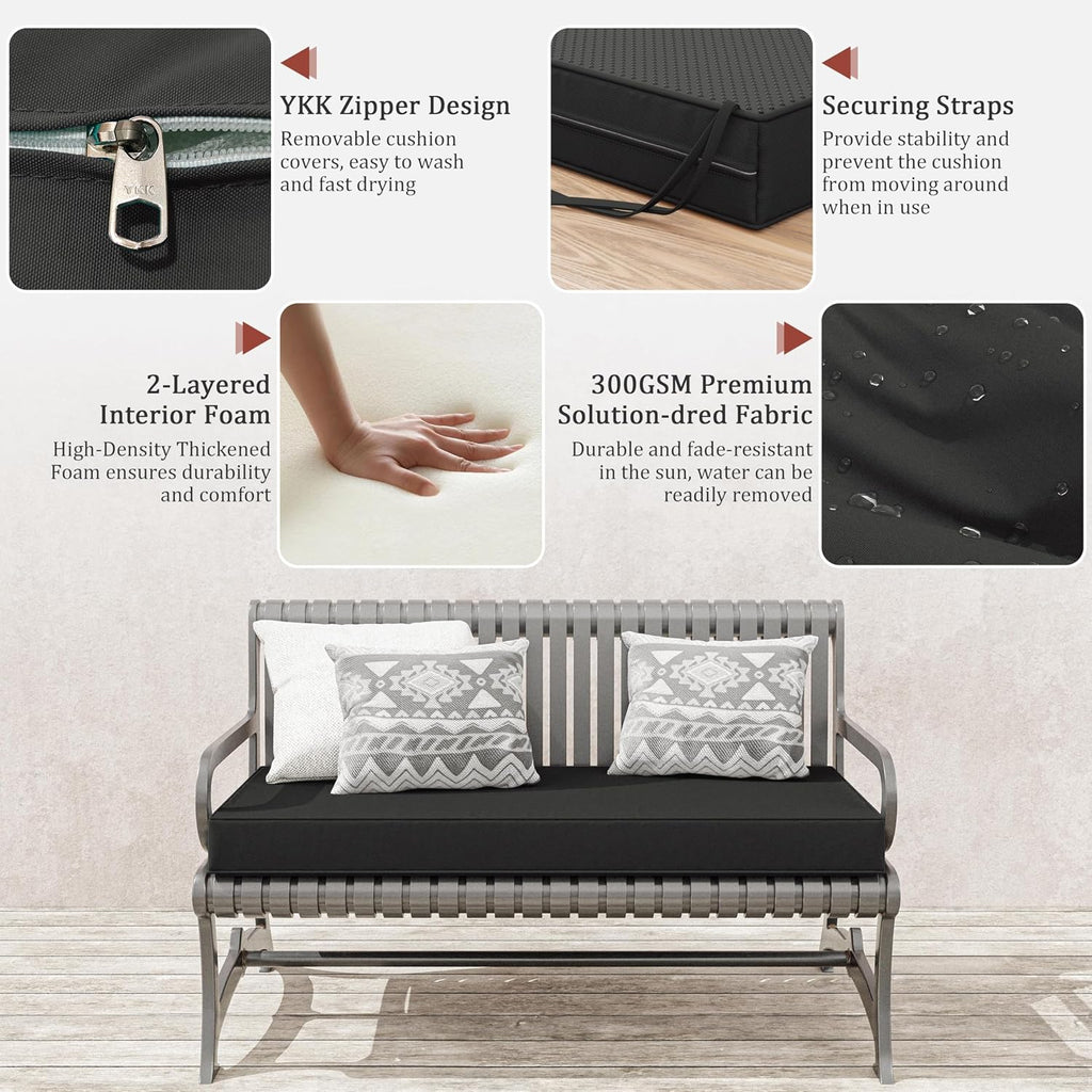 Outdoor Bench Cushion 42×18×3.5 in Thick Waterproof Patio Furniture Cushions, Patio Porch Swing Replacement Seat Pad with Tie Straps and Anti-Slip, for Backyard Garden, Black