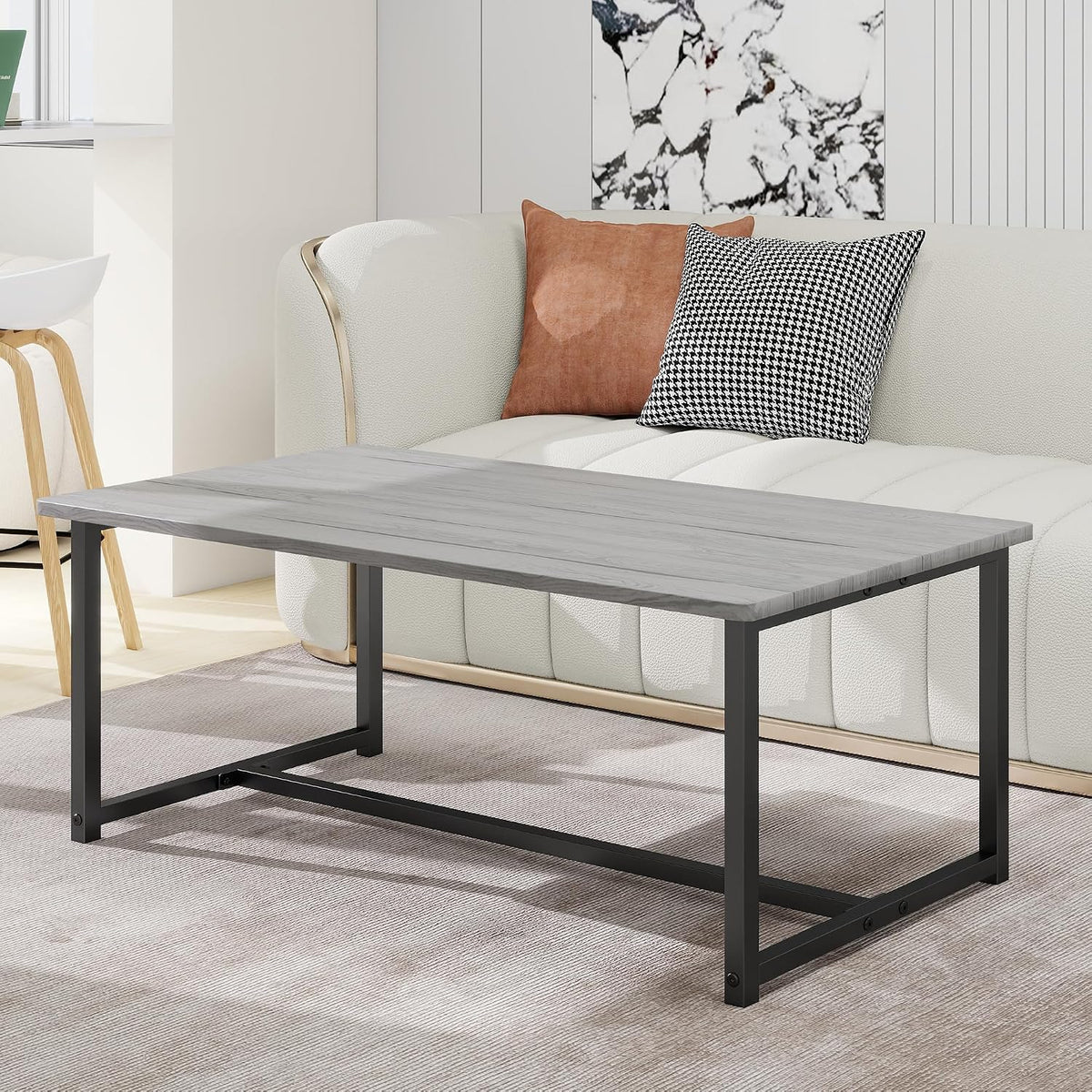 35.4" Rectangular Coffee Table for Living Room, Modern Industrial Style Coffee Table Center Table with Metal Frame for Small Space, Apartment, Office, Easy Assembly, Grey