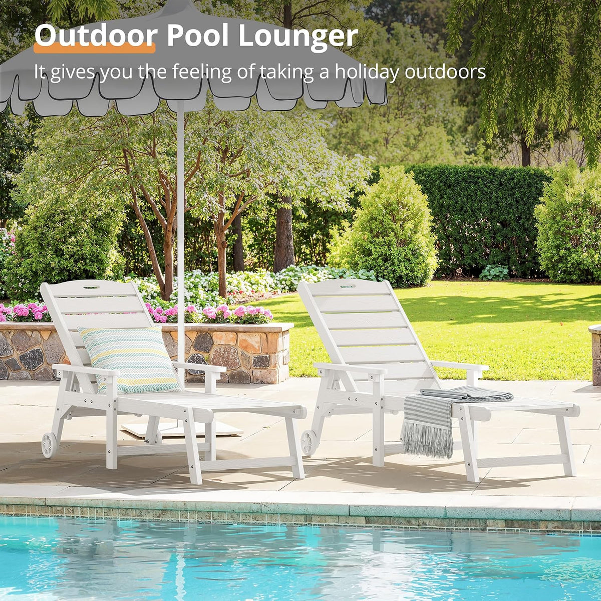LUE BONA Outdoor Chaise Lounge, 5‑Position, 2‑Pack, White (Set of 2)