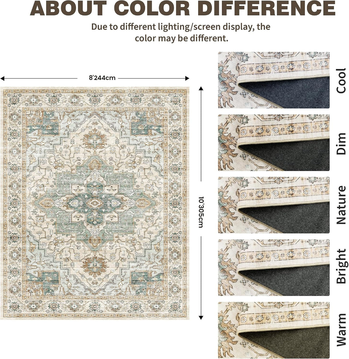 Washable 8x10 Area Rugs, Non Slip Living Room Rug Green/Beige