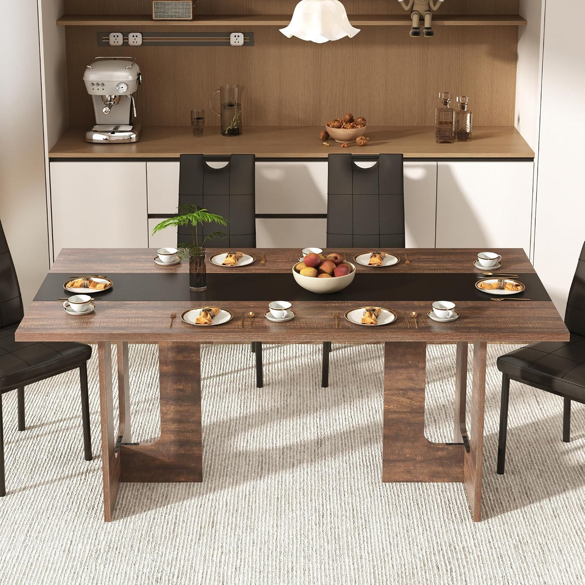 St.Mandyu 7 Pieces Dining Table & Chairs Set for 4-8 People, 71 Inch Kitchen Table with 6 Chairs, Rectangle Dining Table with Wooden Legs for Dining Room, Living Room, Brown