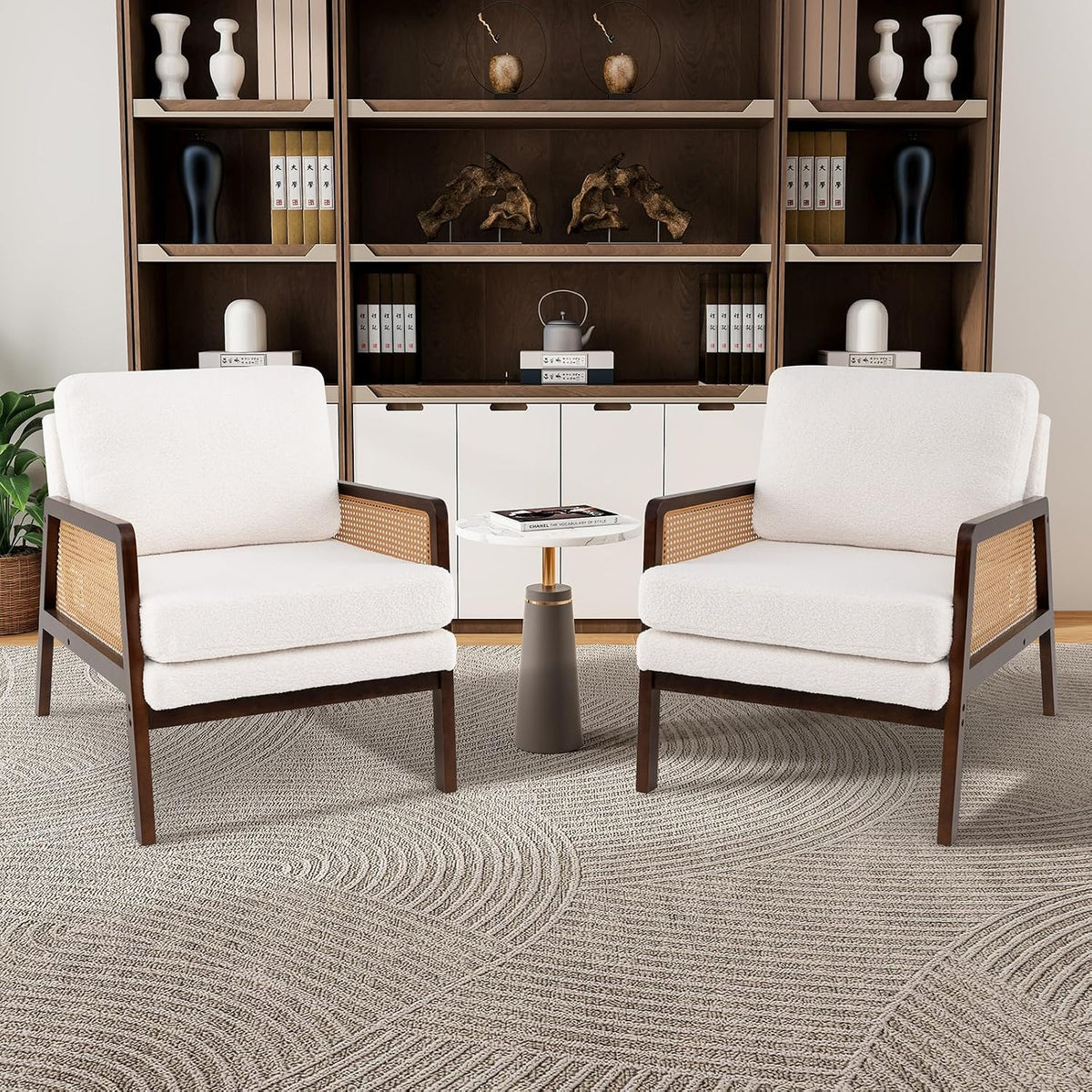 Giantex Mid Century Modern Accent Chair, Boho Boucle Living Room Arm Chair w/Rattan Arms, Wooden Frame, Thick Cushion, Pillow, Sherpa Reading Side Chair for Bedroom, Balcony, Brown+Beige