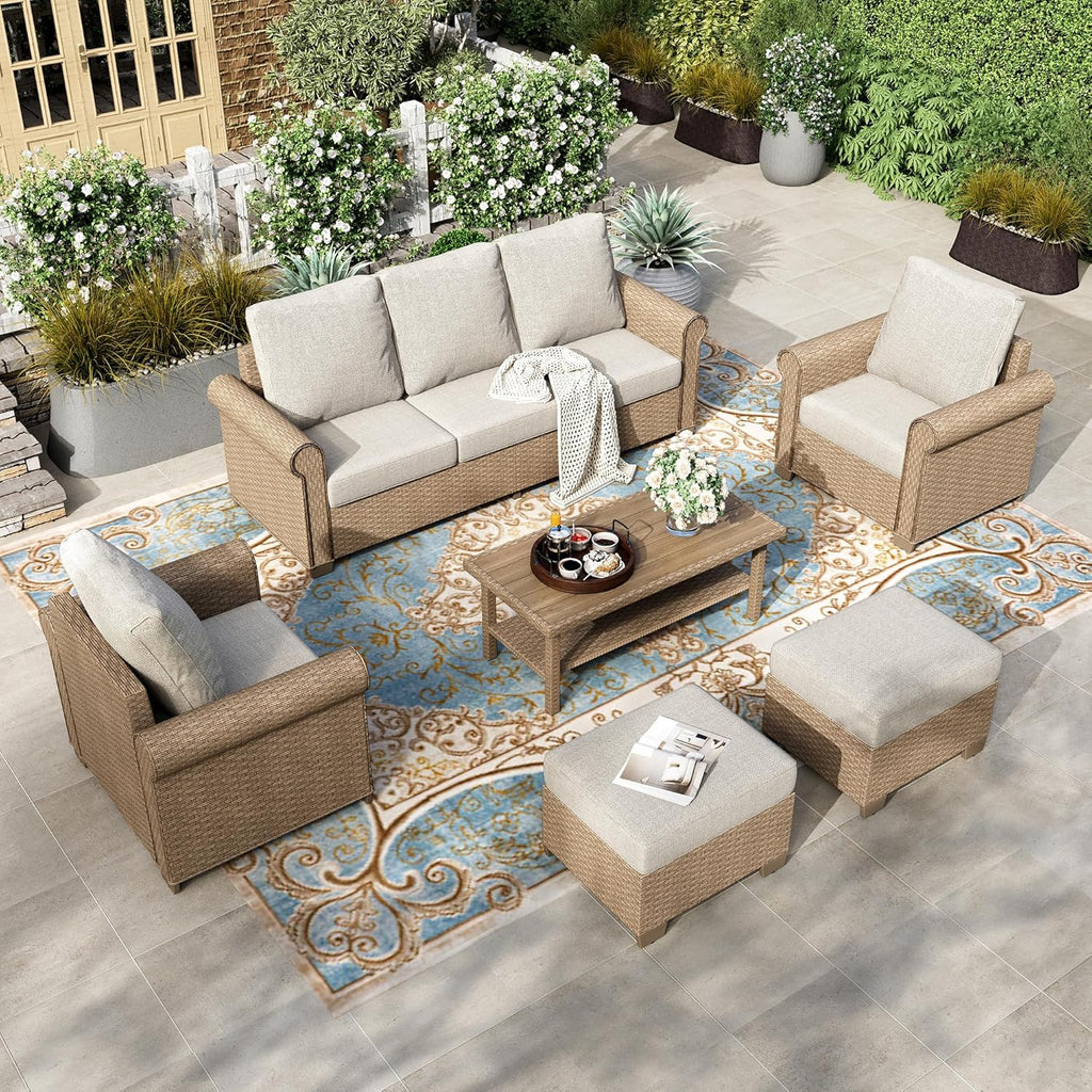 HERA'S HOUSE 6-Piece Wicker Rattan Patio Conversation Set, Beige