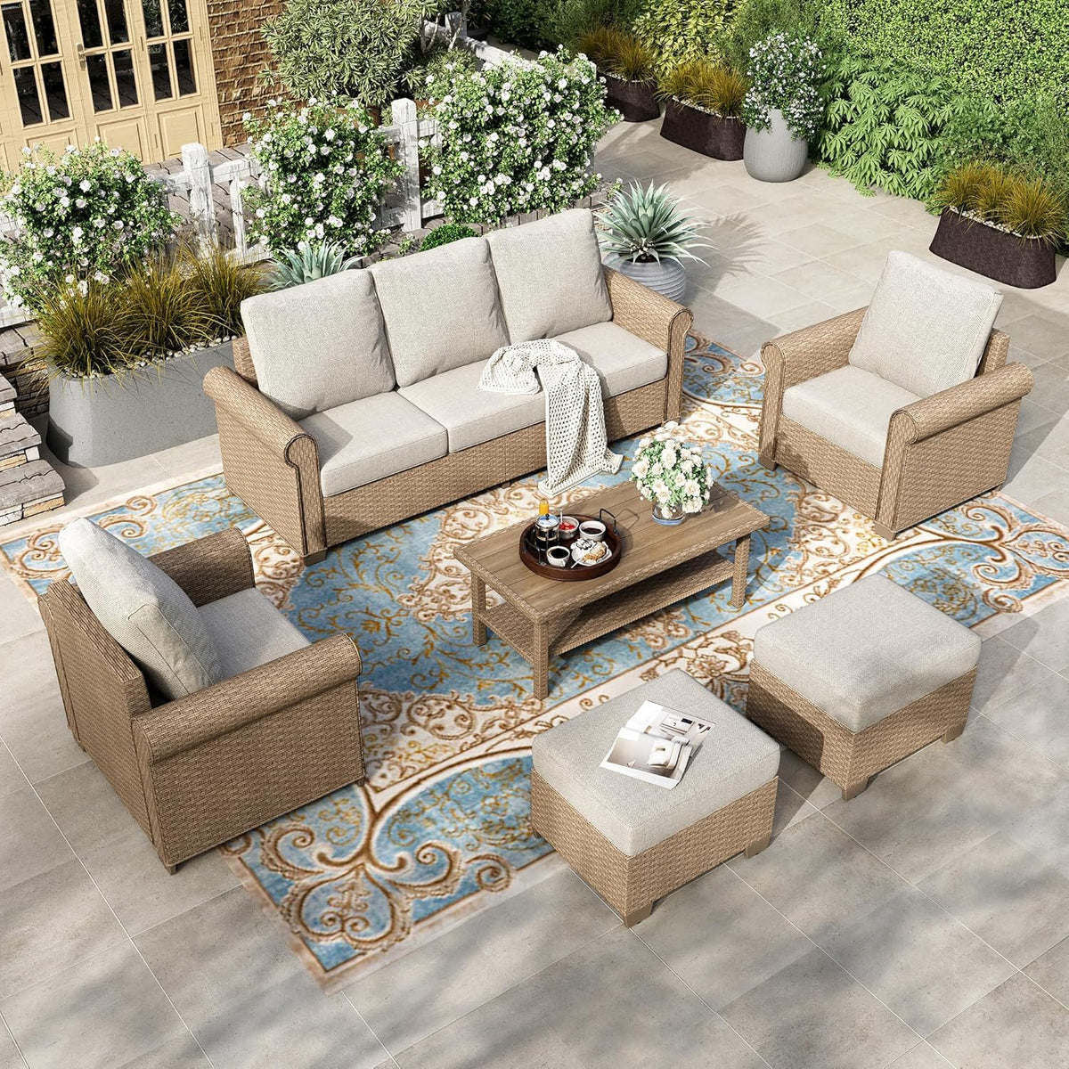 HERA'S HOUSE 6-Piece Wicker Rattan Patio Conversation Set, Beige