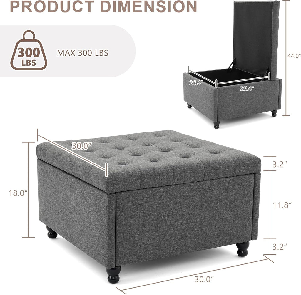 30" Large Square Ottoman with Storage, Fabric Ottoman Coffee Table, Grey