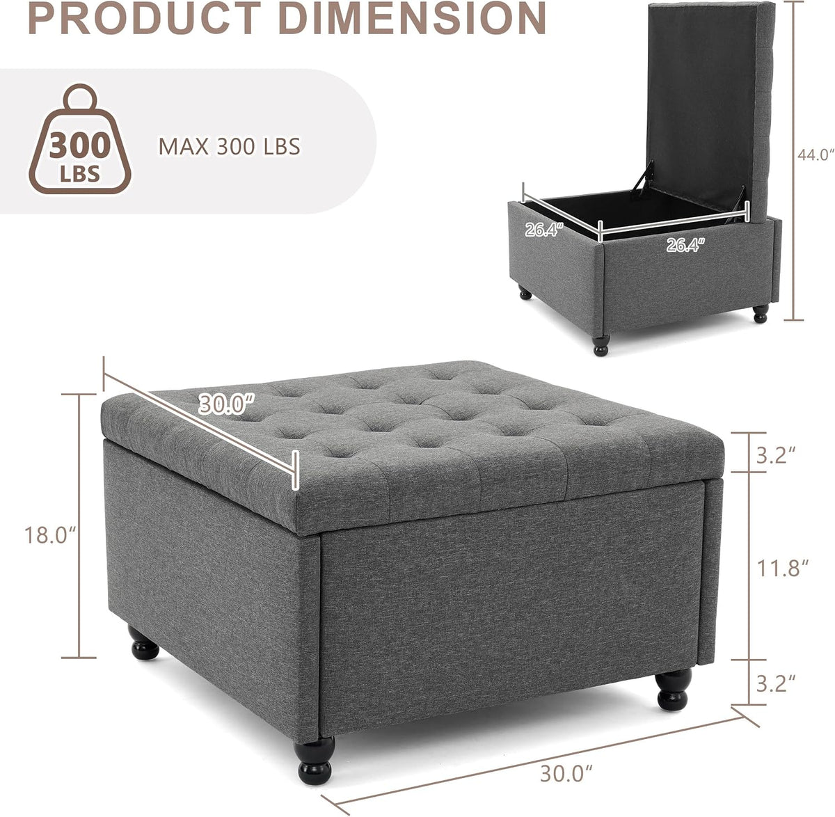 30" Large Square Ottoman with Storage, Fabric Ottoman Coffee Table, Grey