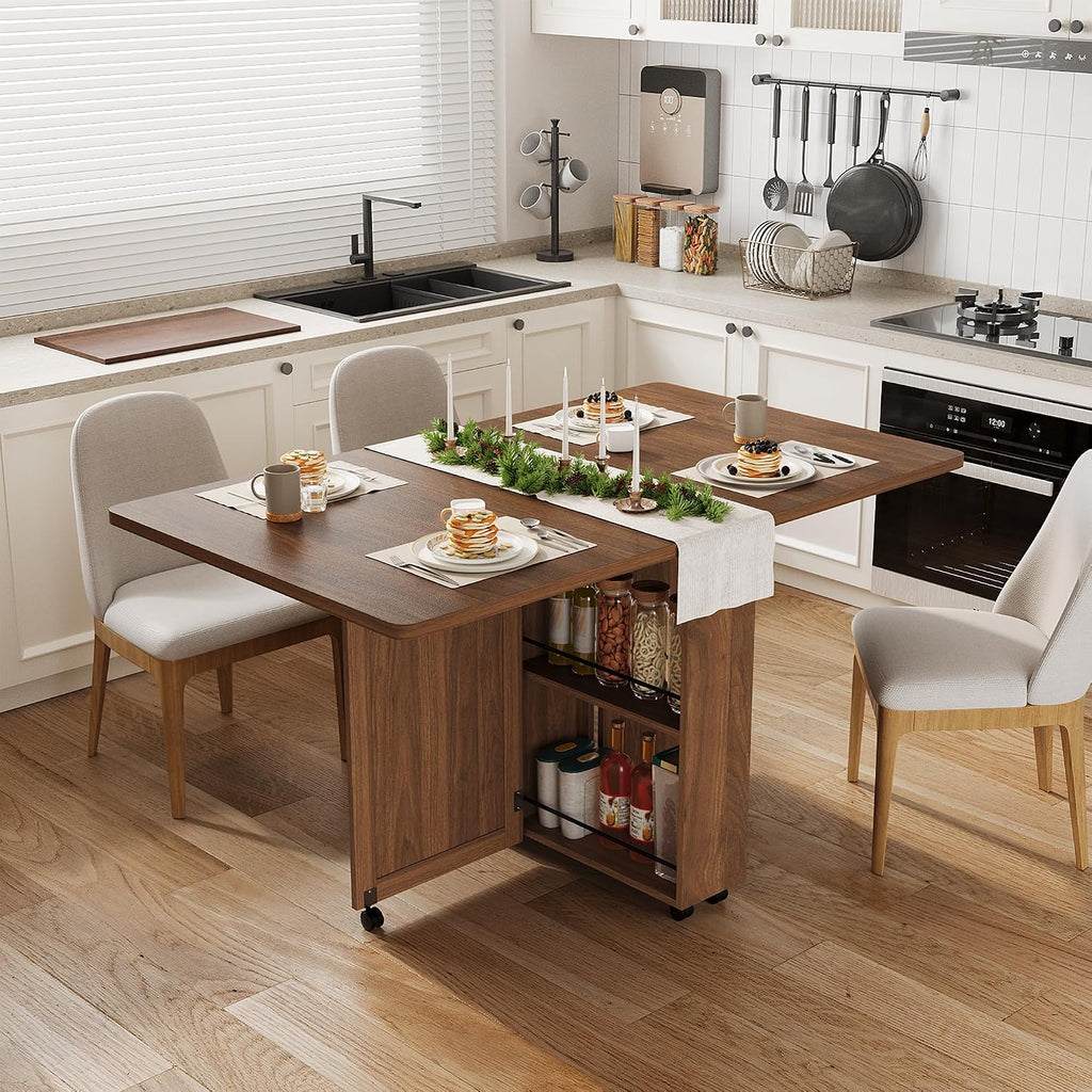Garvee Folding Dining Table with Storage, Folding Kitchen Table with 6 Wheels, Drawer & Shelves, Compact Dining Table for Small Spaces