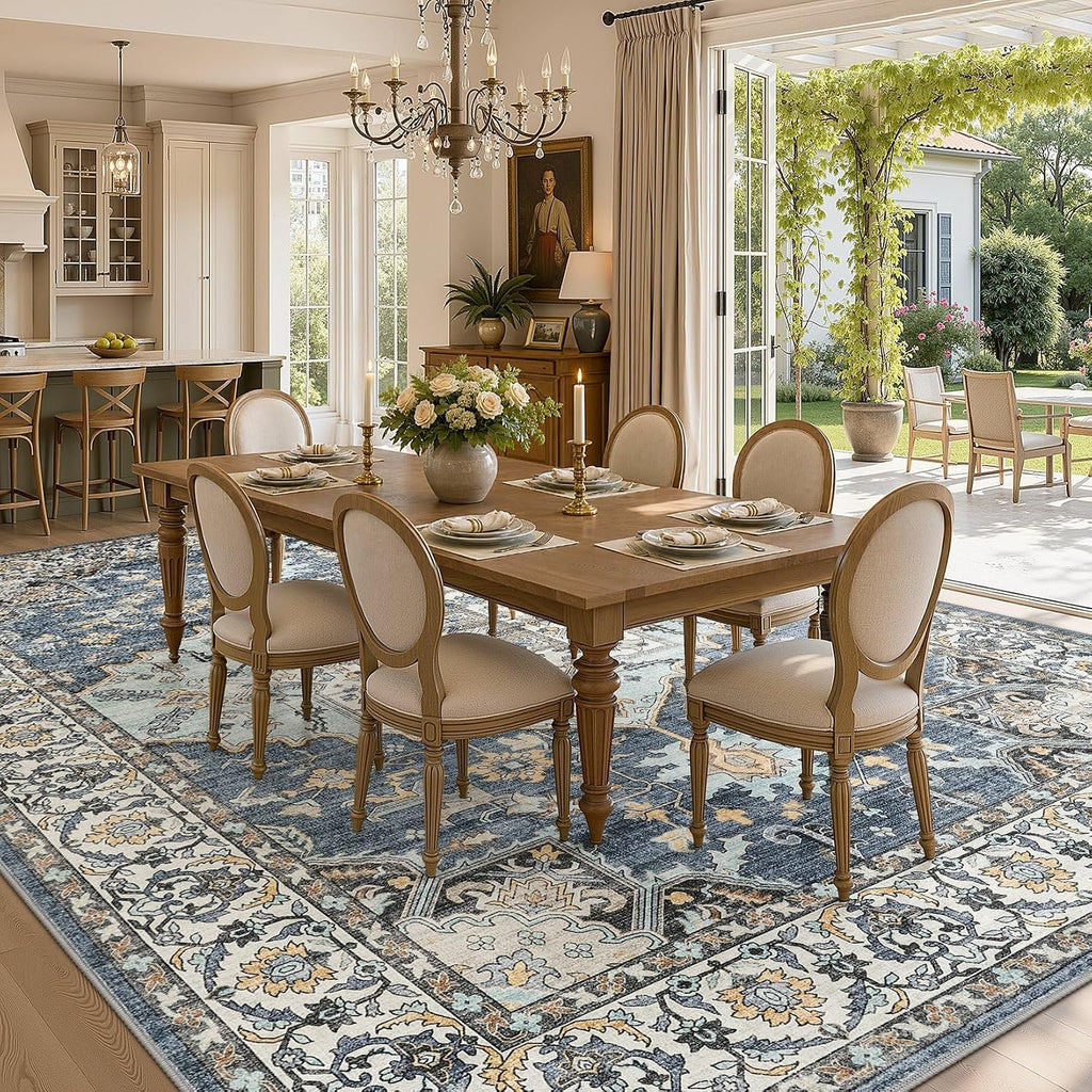 12x15 Area Rugs for Living Room: Washable Neutral Blue Yellow Rug
