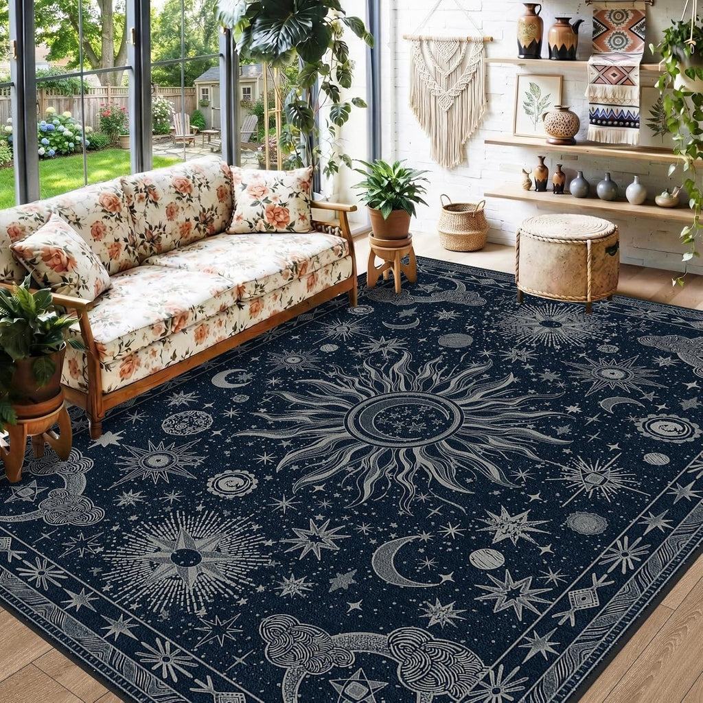 Vacuum-Friendly, 5x7 Washable Area Rug, Blue Gray White