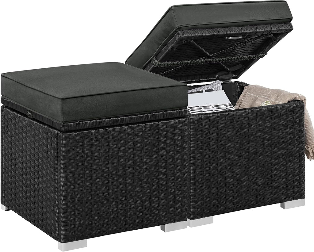 Yaheetech Wicker Ottomans, Set of 2 PE Rattan Side Tables, Black/Gray