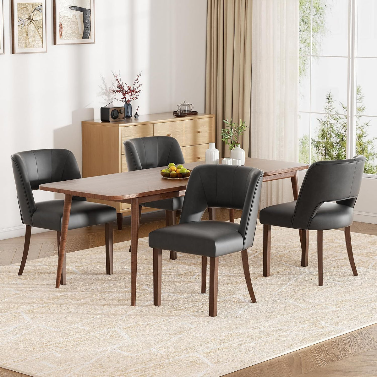 Dining Chairs Set of 8,Modern Dining Room Chairs with Thick Cushions,Faux Leather Upholstered Kitchen Dining Chairs with Wood Legs for Kitchen Dining Room Living Room,Black