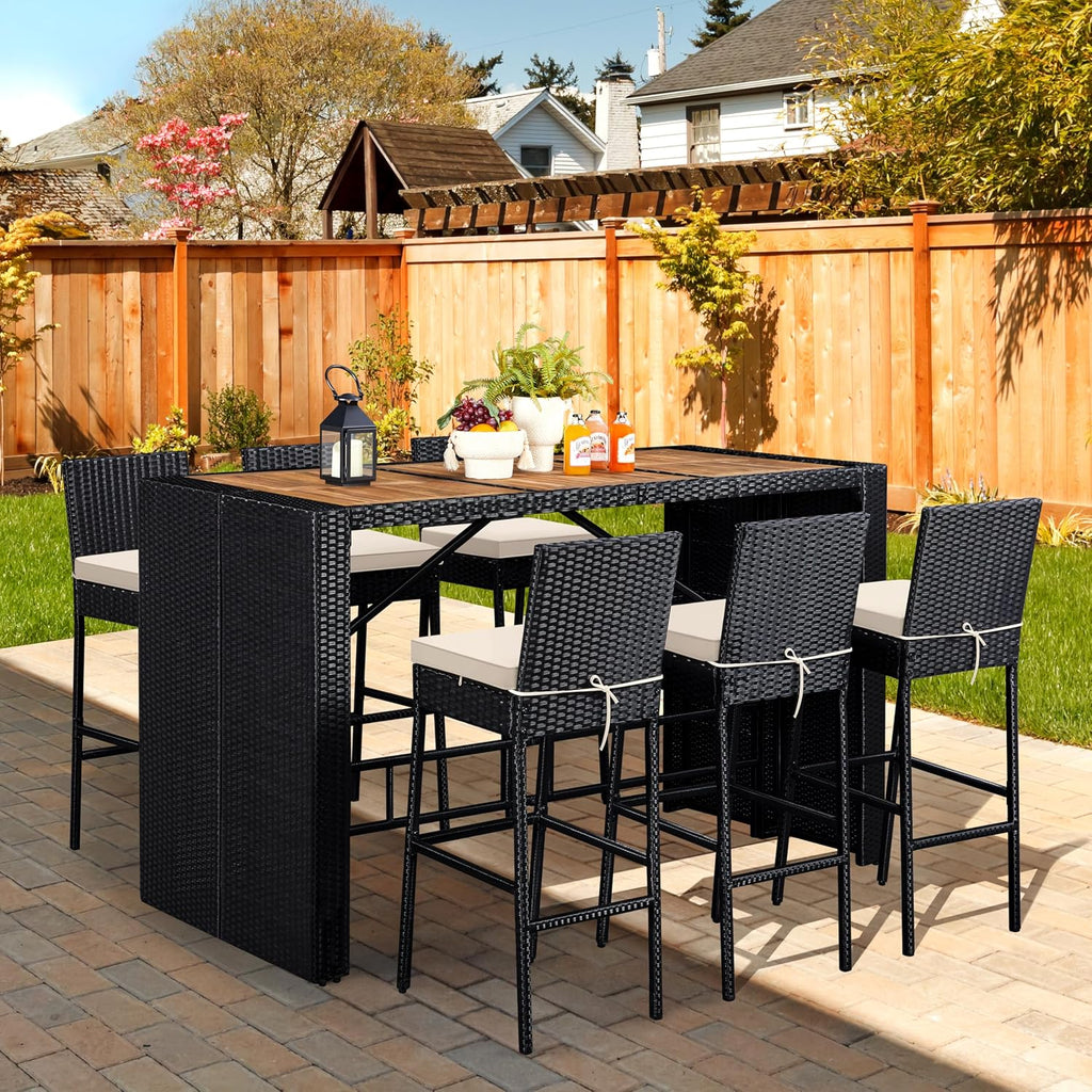 Topeakmart Outdoor Wicker Bar Table and Chairs Set, 6 Removable Cushions