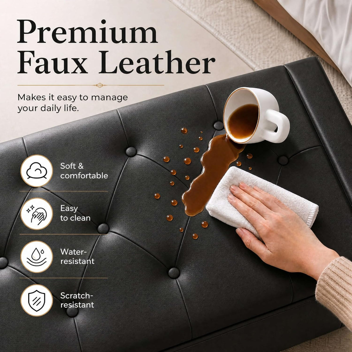 50 inch faux leather storage ottoman bench for, side view