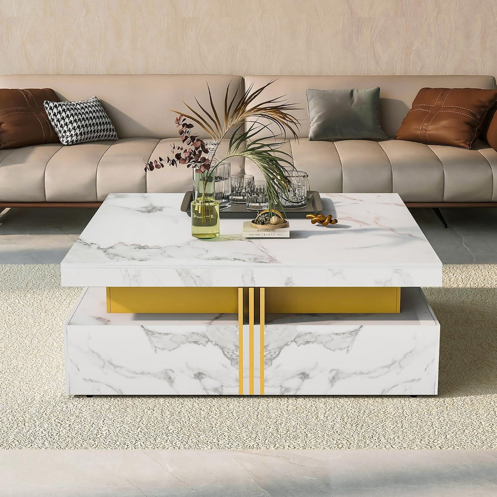 Merax Coffee Table, Modern Square Coffee Table with 4 Drawers, Contemporary Luxury Center Table Cocktail Table with Gold Accents for Living Room, 43.3" Lx 43.3" W (White)