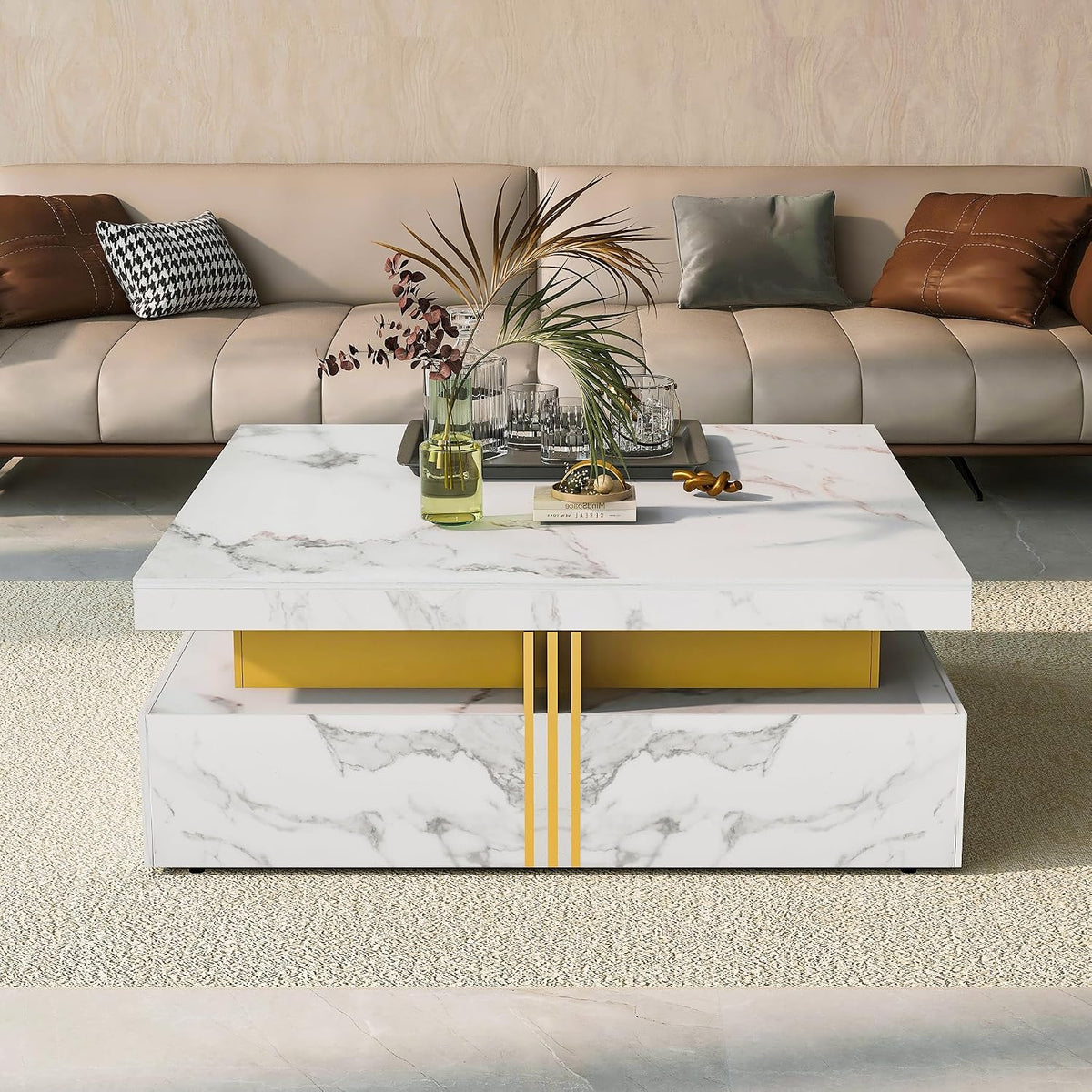Merax Coffee Table, Modern Square Coffee Table with 4 Drawers, Contemporary Luxury Center Table Cocktail Table with Gold Accents for Living Room, 43.3" Lx 43.3" W (White)