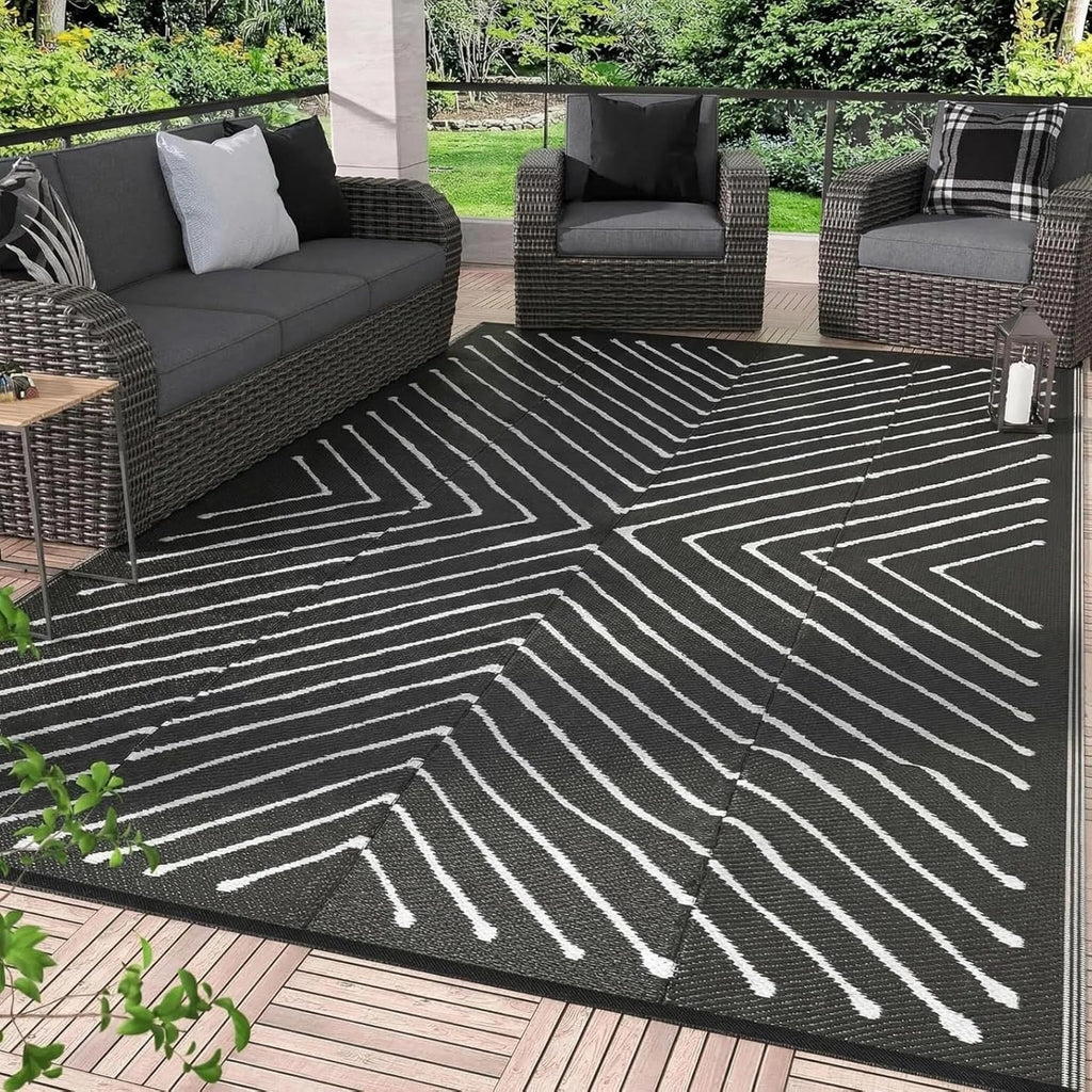 Garvee 5x8 Black and White Striped Outdoor Waterproof Rug Reversible Plastic Straw Patio Mat, Portable RV Camping Rug Quick Dry for Picnic, Beach, Balcony, Deck UV Protected & Lightwight, Black&White
