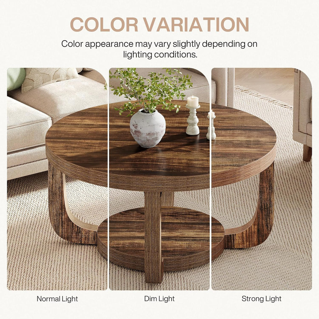 Tribesigns Round Coffee Table, 2-Tier Circle Coffee Table with Storage, Modern Wooden Accent Center Table for Living Room, Thick Tabletop & Base, Dark Brown