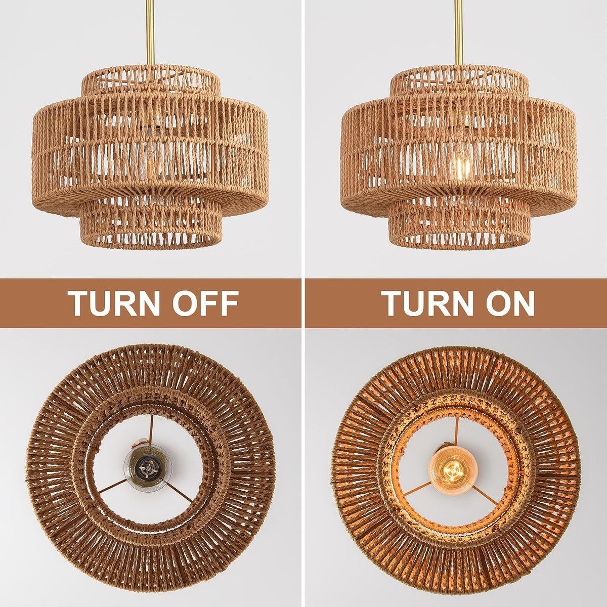 12.4" Rattan Pendant Light,1-Light Boho Chandelier Light Fixture Farmhouse Rattan Hanging Ceiling Lighting Fixture for Dining Room, Living Room, Kitchen Island, Bedroom, Hallway, Foyer