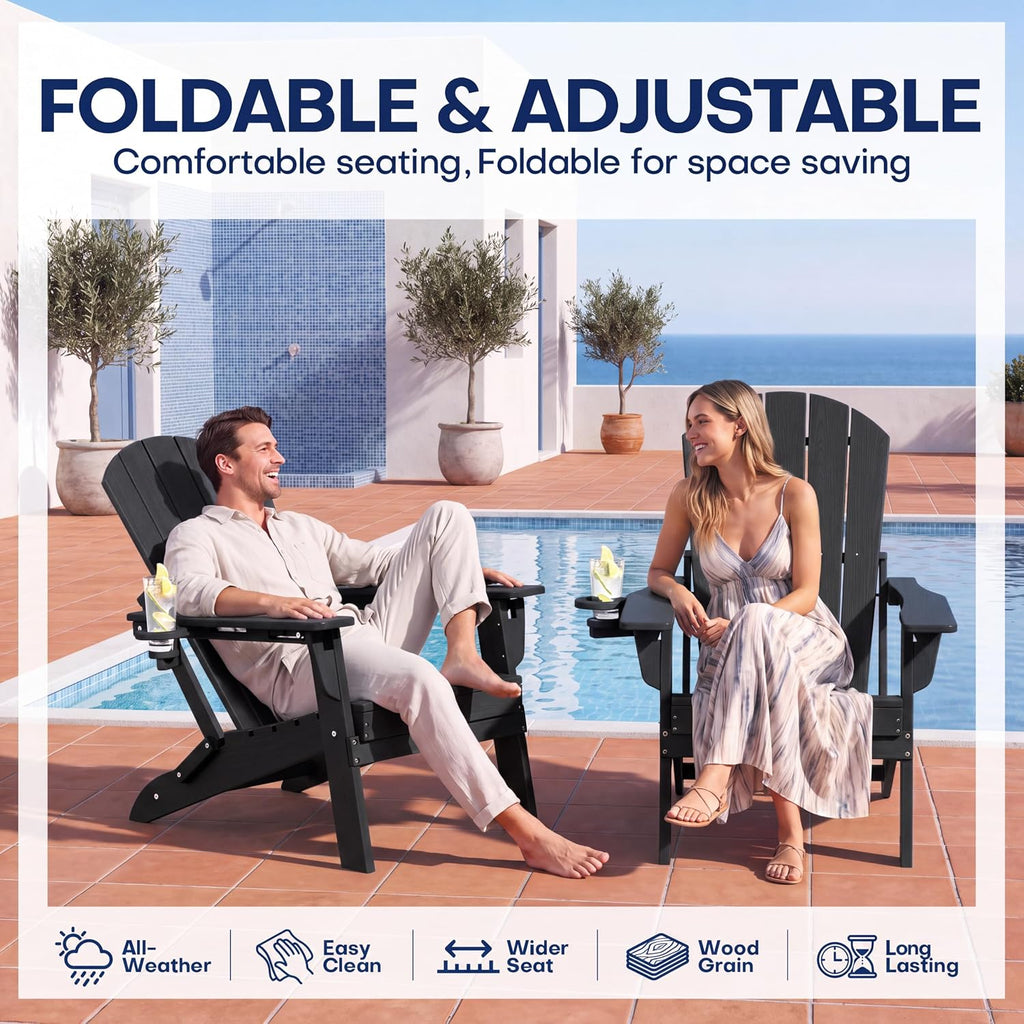 Plawdlik Folding Adirondack Chair Set of 4, Adjustable 3-Position, Black (Set of 2)
