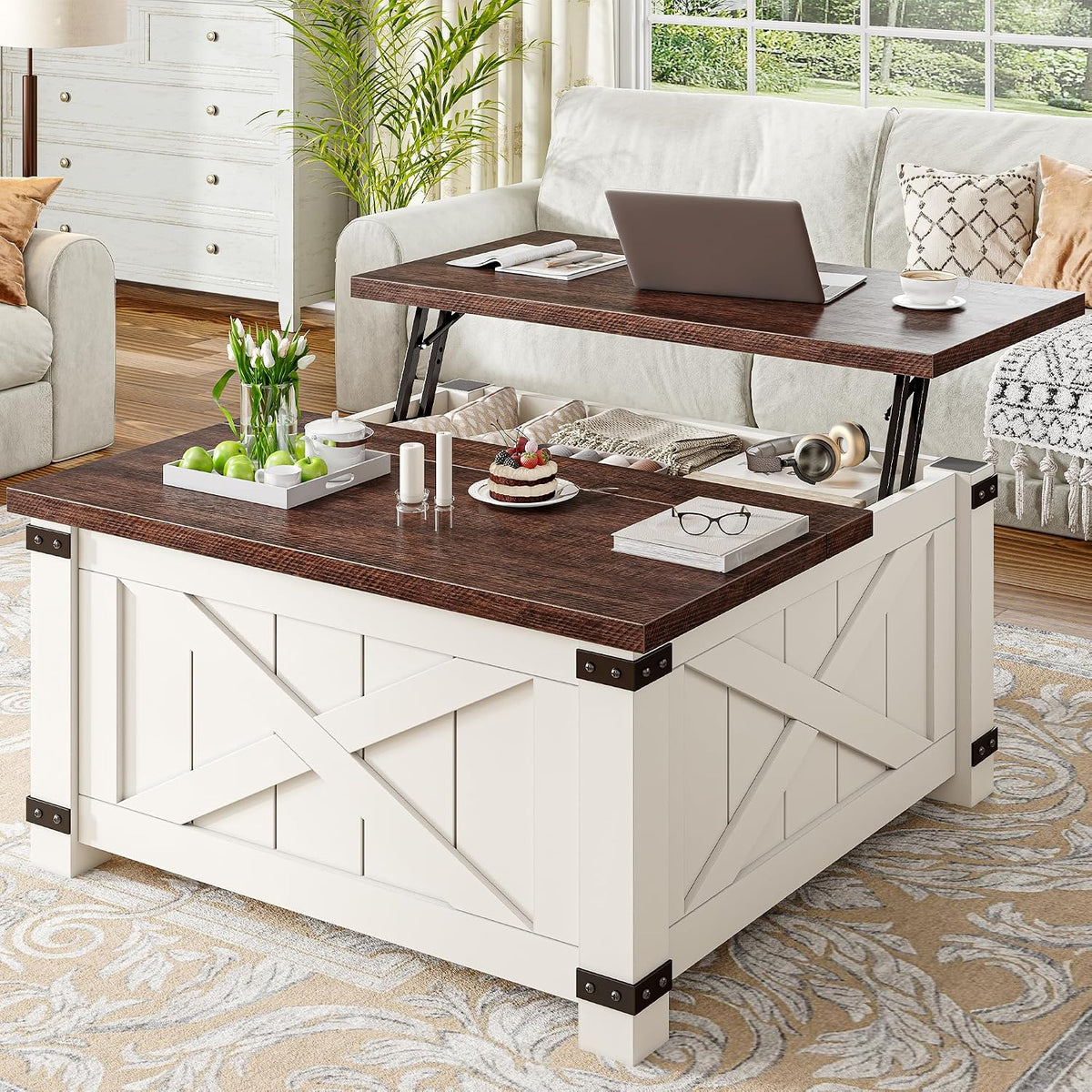 EnHomee Lift Top Coffee Table with Storage, 36" Farmhouse Coffee Tables for Living Room, Square Coffee Table with Large Hidden Space, for Living Room, Bedroom, Home Office, White