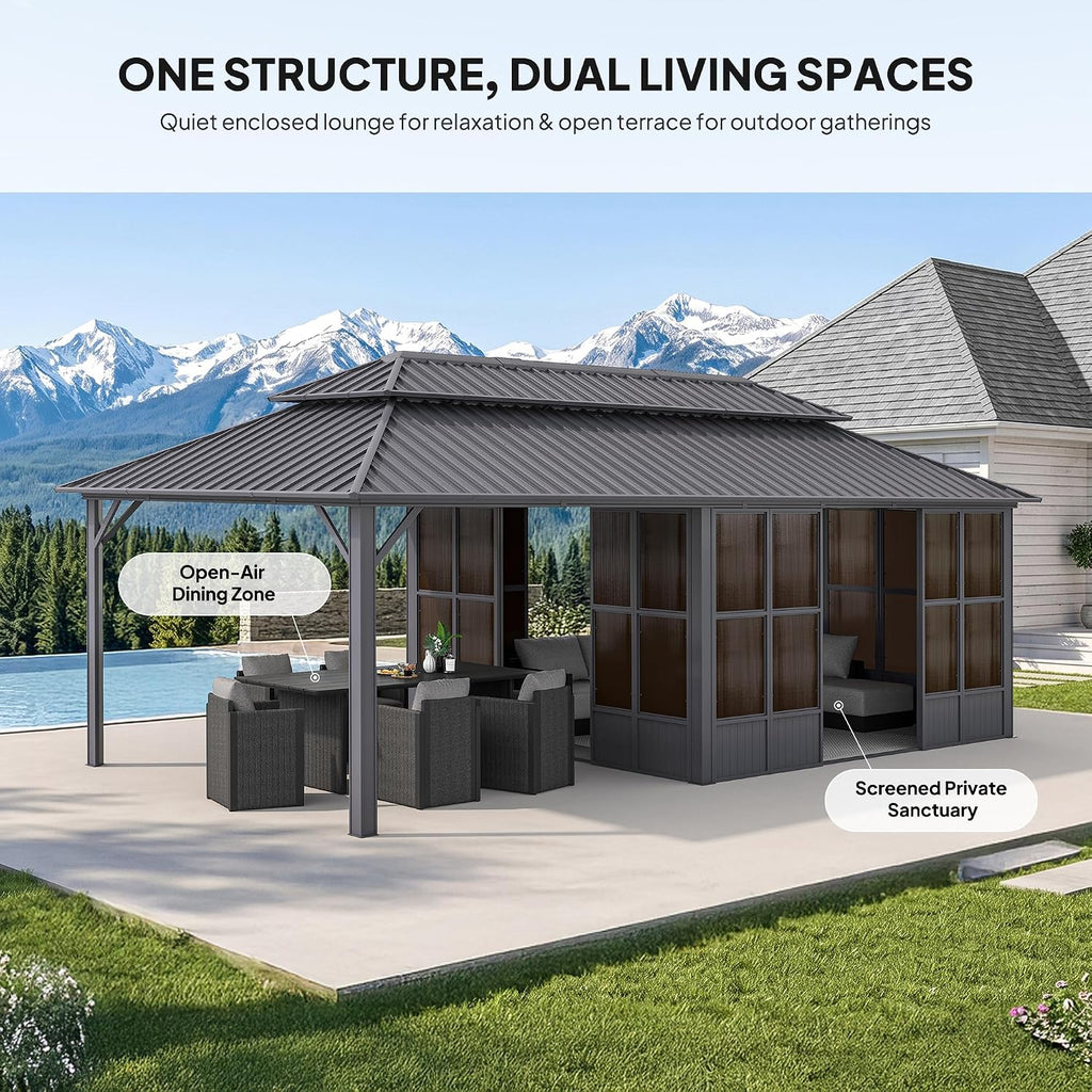 PURPLE LEAF Extended Solarium 12' x 24' 4 Season Screened Gazebo, Grey