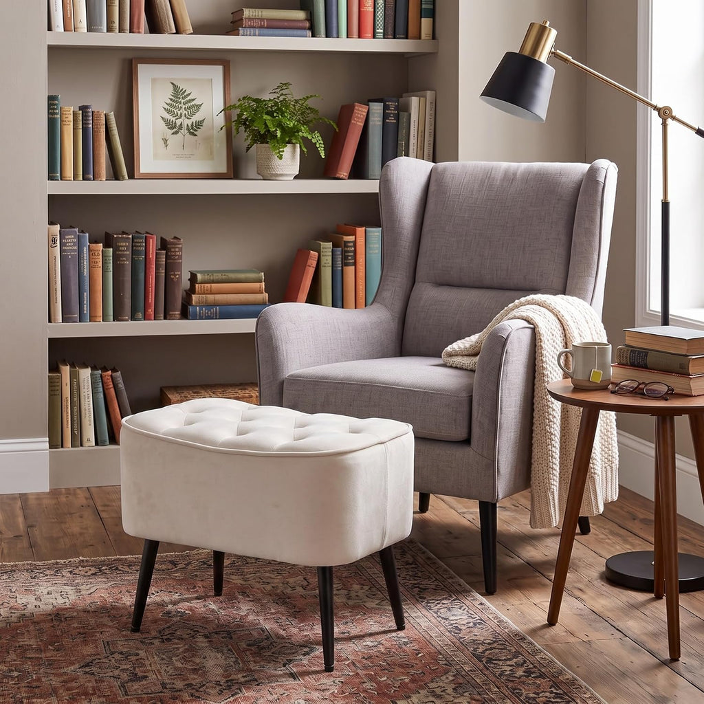BIRDROCK HOME Tufted Curve Ottoman Velvet Foot Stool - Modern Upholstered Padded Footrest for Living Room or Bedroom - Small Cushioned Accent Chair for Couch, Sofa, or Extra Seating (Tan)