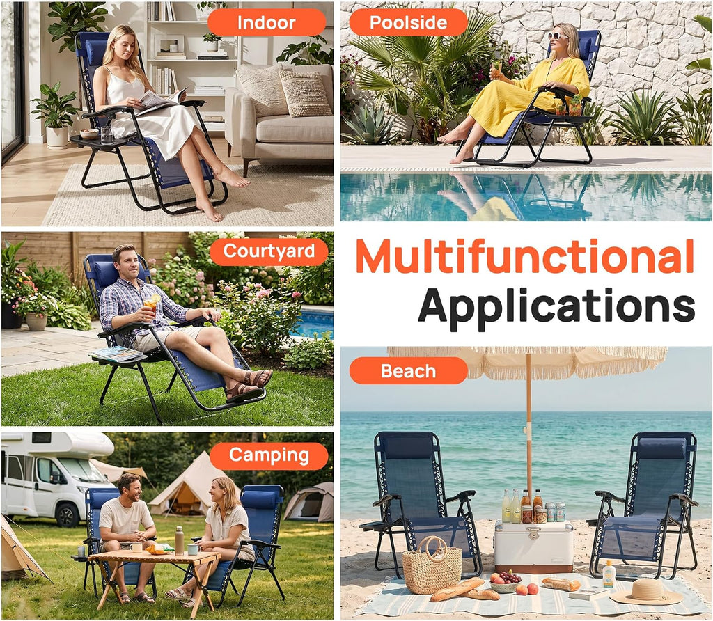 Chaise Lounge Chair Outdoor Set of 2, Oversized Zero Gravity Chair, Blue
