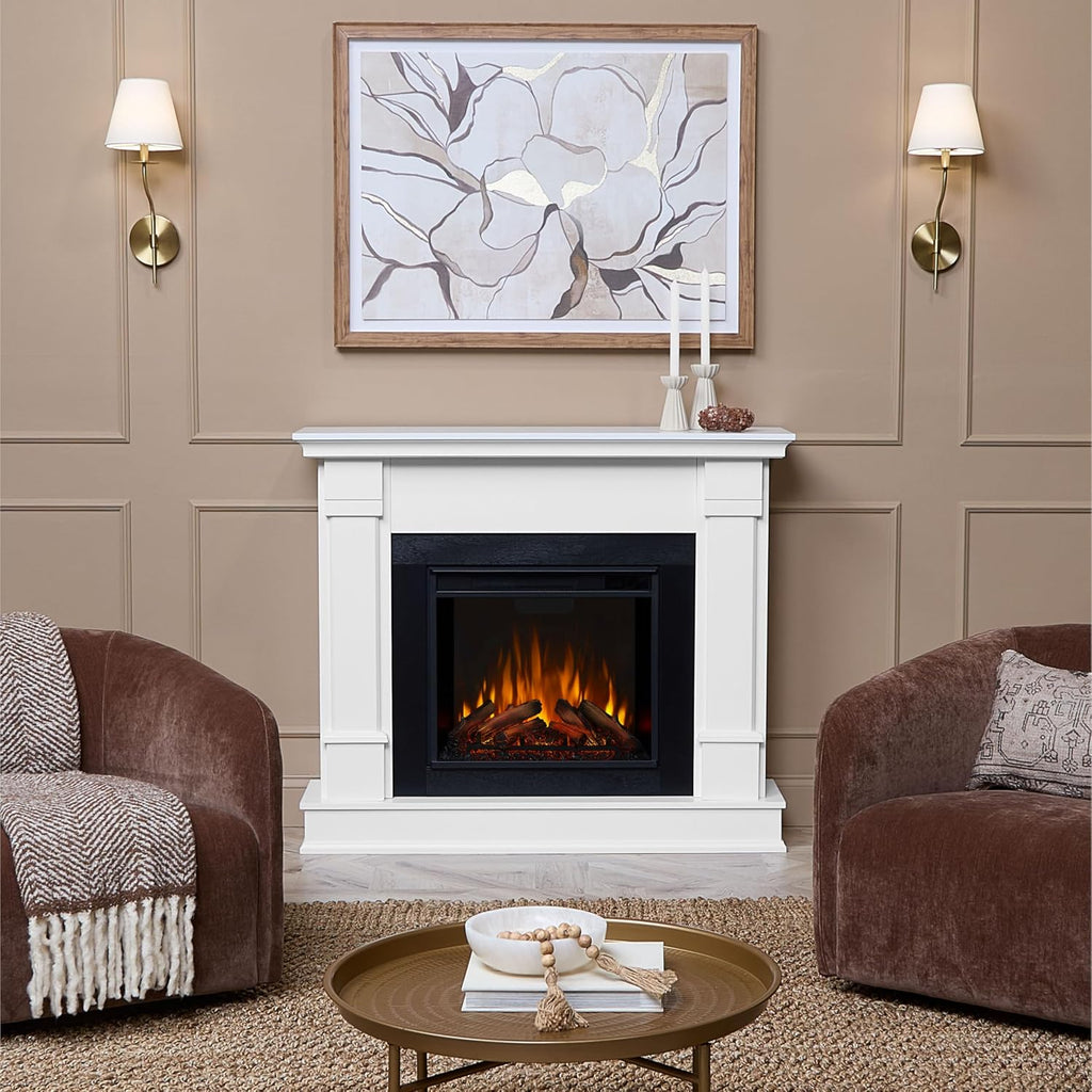 Real Flame Silverton 48” Electric Fireplace with Mantel for Living Room or Bedroom, Replaceable Fireplace Insert Heater, Realistic Log and Flame Effect, Remote Control, Timer, White