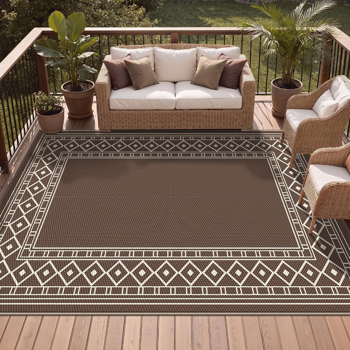 GENIMO Outdoor Rug, Waterproof Plastic Rugs for Patio, 9'x12' Coffee Beige