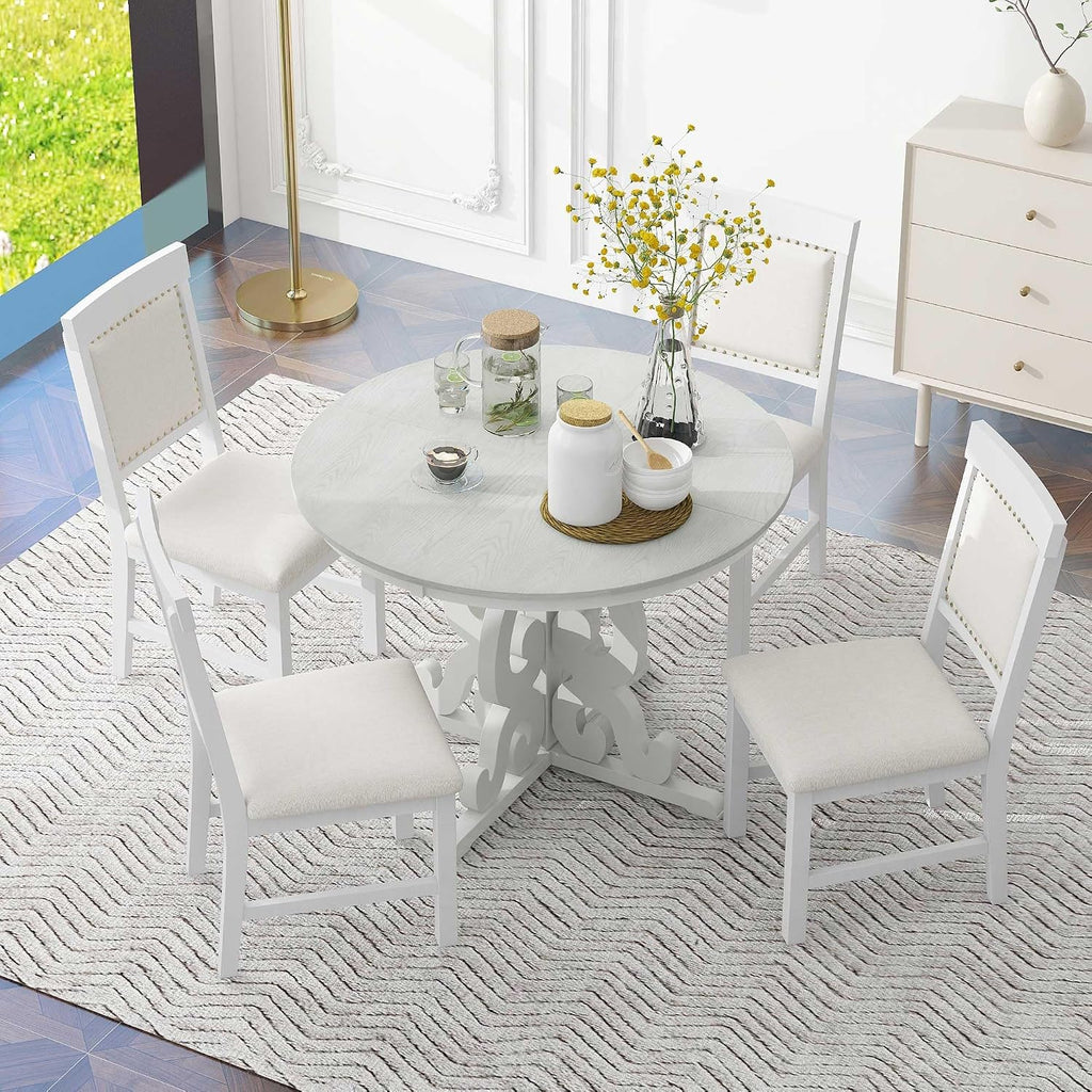 Extendable Dining Table Set for 4-6, Farmhouse Kitchen Table Set with Extendable Round Dining Table & 4 Upholstered Chairs, Solid Wood Table and Chairs Set for Kitchen, Dining Room, Antique White