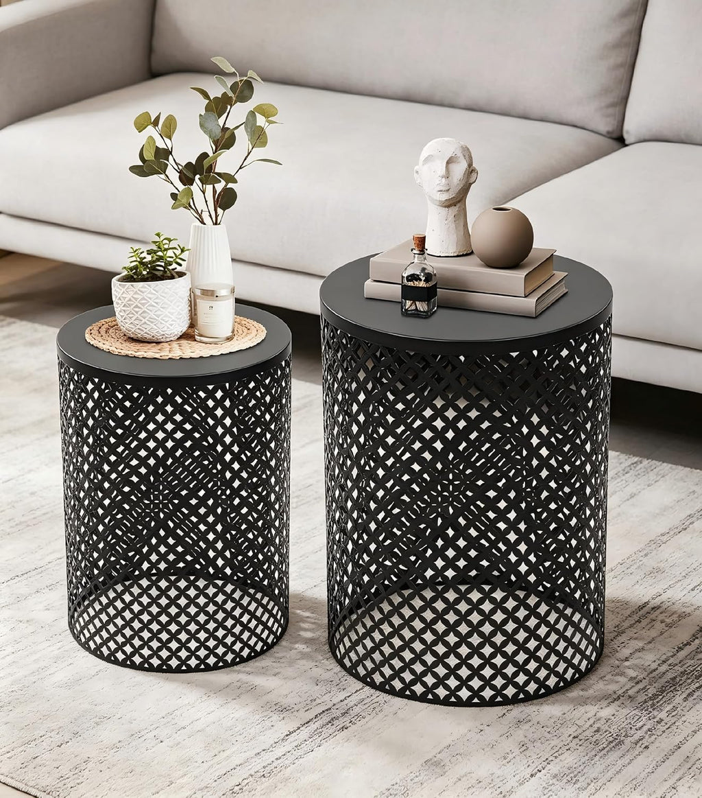 Set of 2 Outdoor Side Table, Garden Stool for Patio, Metal Accent Table Modern End Table, Patio Side Table for Garden, Balcony, Bedroom Indoor Outdoor Decorative, Jet Black