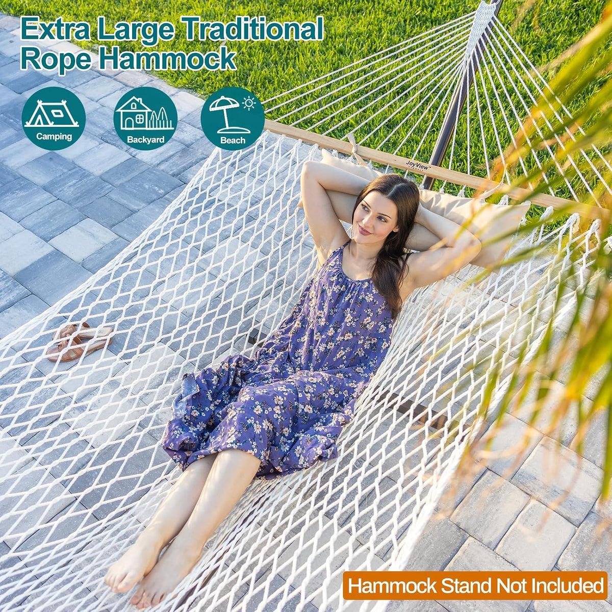 JoyView Traditional Rope Double Hammock - Hand Woven Cotton Hammock with Hardwood Spreader Bar and Pillow 450lb Capacity for Outdoor Indoor Patio Yard - Natural