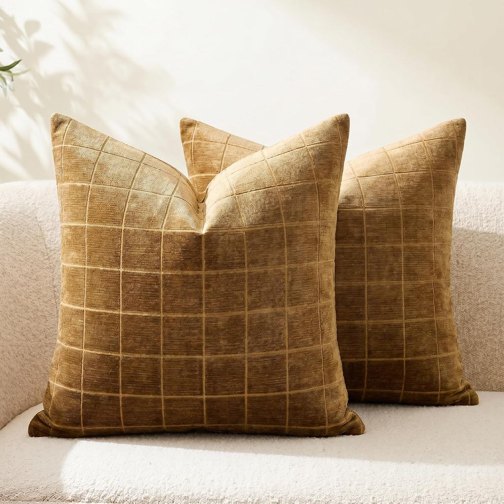Neelvin Set of 2 Chenille Throw Pillow Covers 26x26inch Modern Large Grid Checkered Decorative Pillowcases Soft Textured Neutral Farmhouse Cushion Covers for Couch Sofa Bed Living Room Toffee