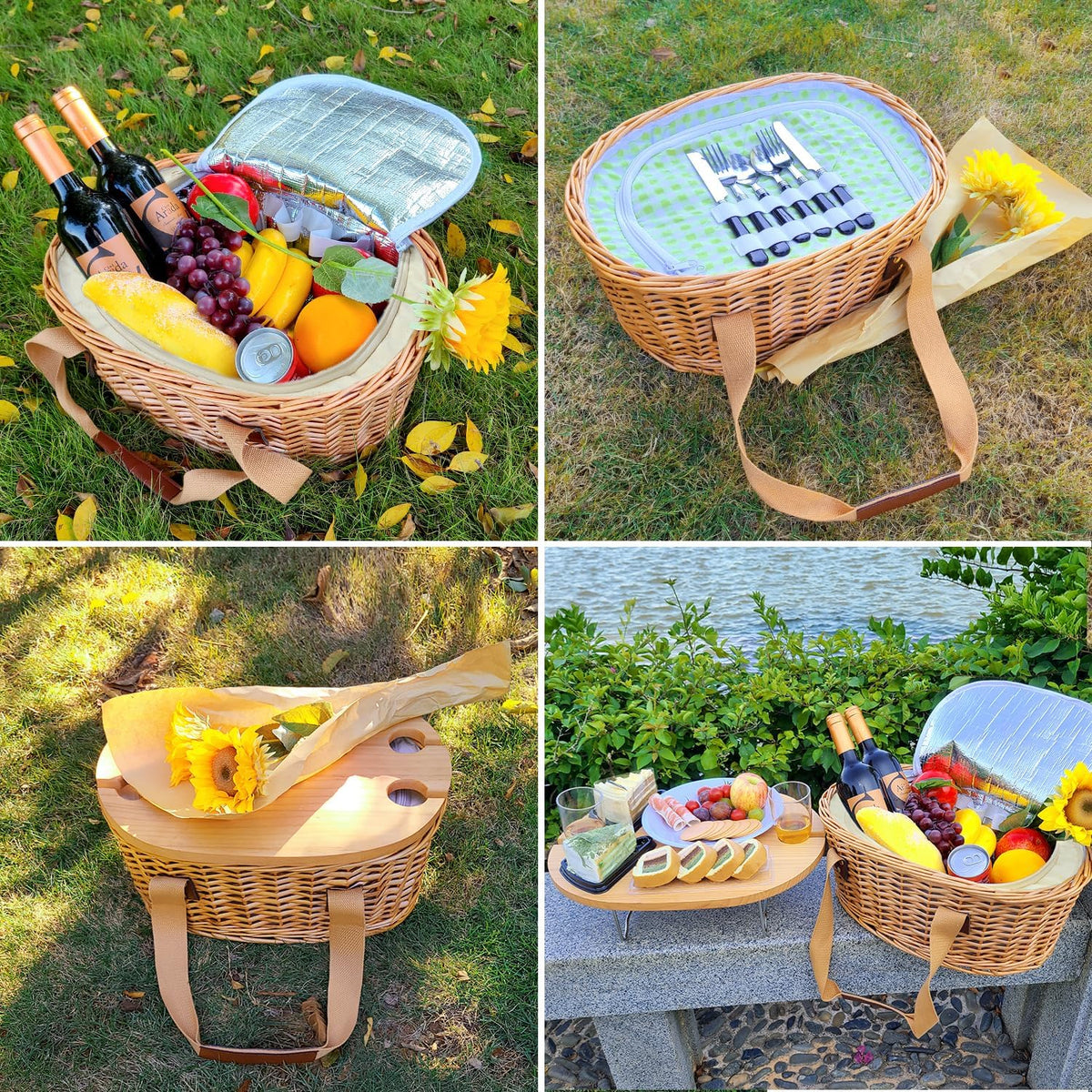 Hap Tim Wicker Picnic Basket Set for 4 with Mini Folding Wine Picnic Table & Large Insulated Cooler Bag & Cutlery Service Kits for 4 Person, Couples Gifts, Wedding Gifts (Y2209-4-GR)