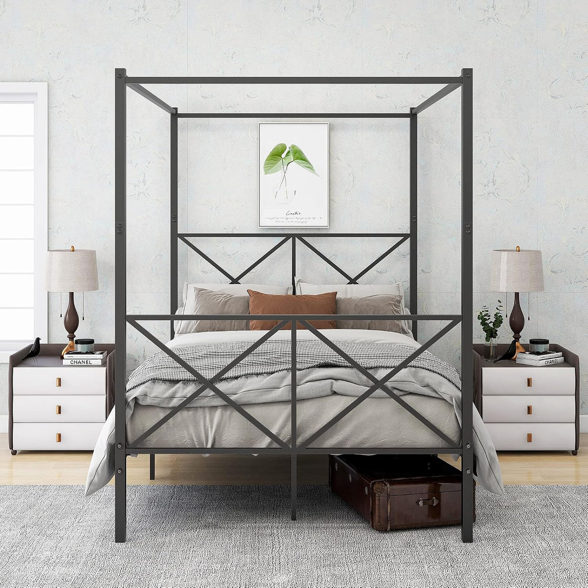 Full Size Canopy Bed Frame with Heavy Duty Metal Headboard, Black